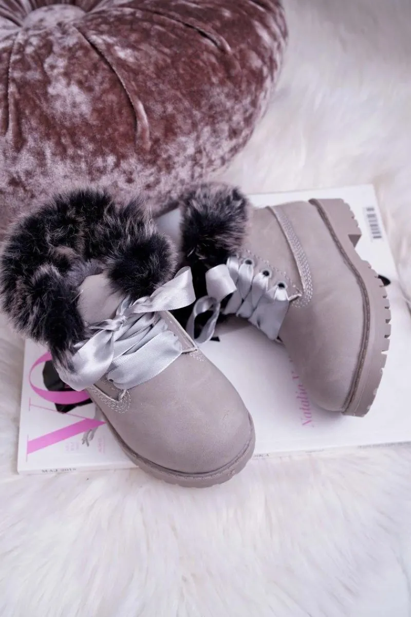 Clearance Dziecięce Botki Traperki Ocieplone Futerkiem Szare Tesoro Dzieci Chłopięce