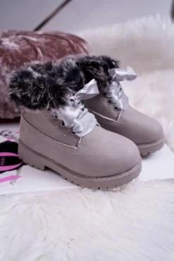 Clearance Dziecięce Botki Traperki Ocieplone Futerkiem Szare Tesoro Dzieci Chłopięce
