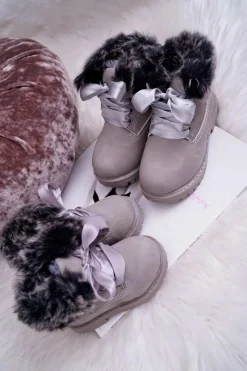 Clearance Dziecięce Botki Traperki Ocieplone Futerkiem Szare Tesoro Dzieci Chłopięce