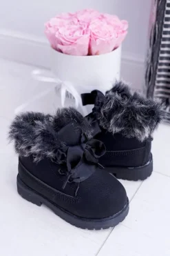 Outlet Boto Dziecięce Botki Traperki Ocieplone Futerkiem Czarne Tesoro