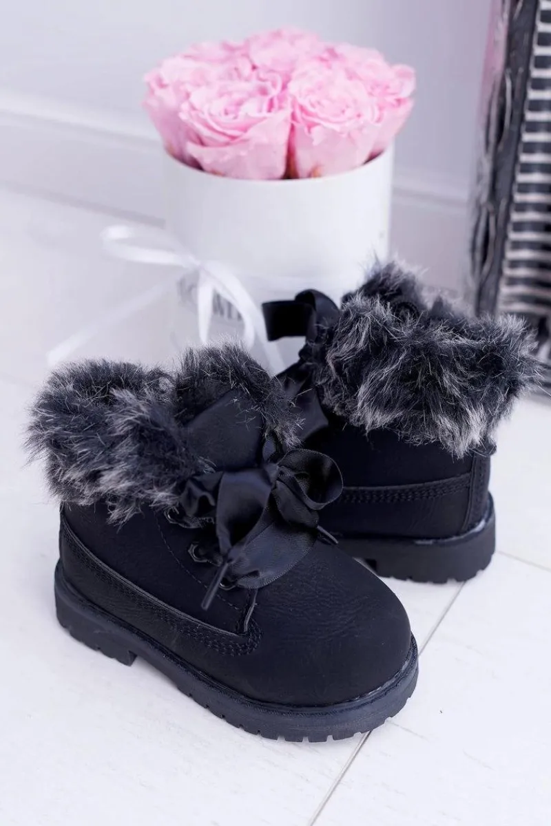 Outlet Boto Dziecięce Botki Traperki Ocieplone Futerkiem Czarne Tesoro