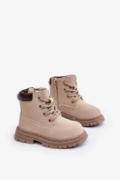 Dziewczęce></noscript>Boto Dziecięce Botki Trapery Na Suwak Beżowe Bansi