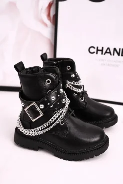 Sale Boto Dziecięce Botki Z Łańcuchem Ocieplone Futerkiem Czarne Dolly