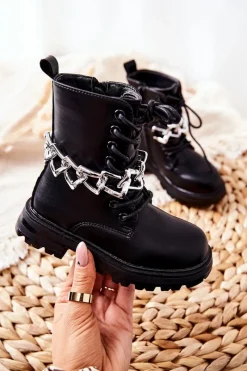 Dziewczęce>Boto Dziecięce Botki Z Łańcuchem Czarne Moci