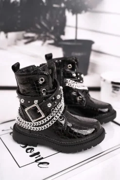 Sale Boto Dziecięce Botki Z Łańcuchem Ocieplone Futerkiem Lakierowane Czarne Dolly