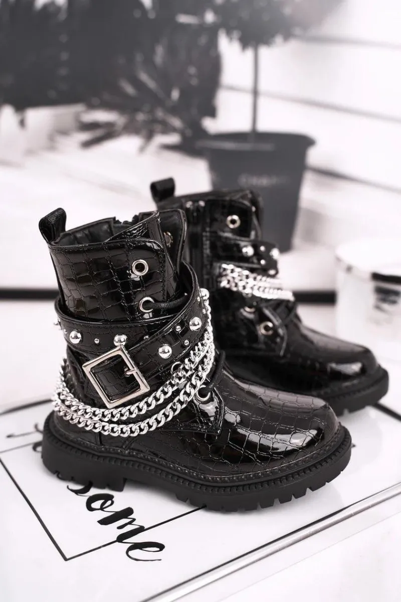 Sale Boto Dziecięce Botki Z Łańcuchem Ocieplone Futerkiem Lakierowane Czarne Dolly