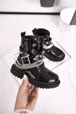 Sale Boto Dziecięce Botki Z Łańcuchem Ocieplone Futerkiem Lakierowane Czarne Dolly