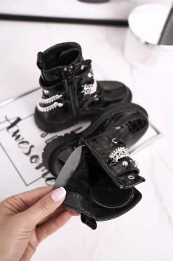 Sale Boto Dziecięce Botki Z Łańcuchem Ocieplone Futerkiem Lakierowane Czarne Dolly