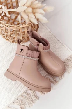 Dziewczęce></noscript>Boto Dziecięce Botki Z Cekinami Beżowe Toffees