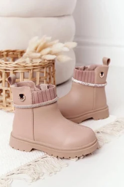 Dziewczęce></noscript>Boto Dziecięce Botki Z Cekinami Beżowe Toffees