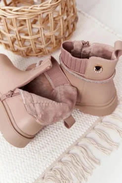 Dziewczęce></noscript>Boto Dziecięce Botki Z Cekinami Beżowe Toffees