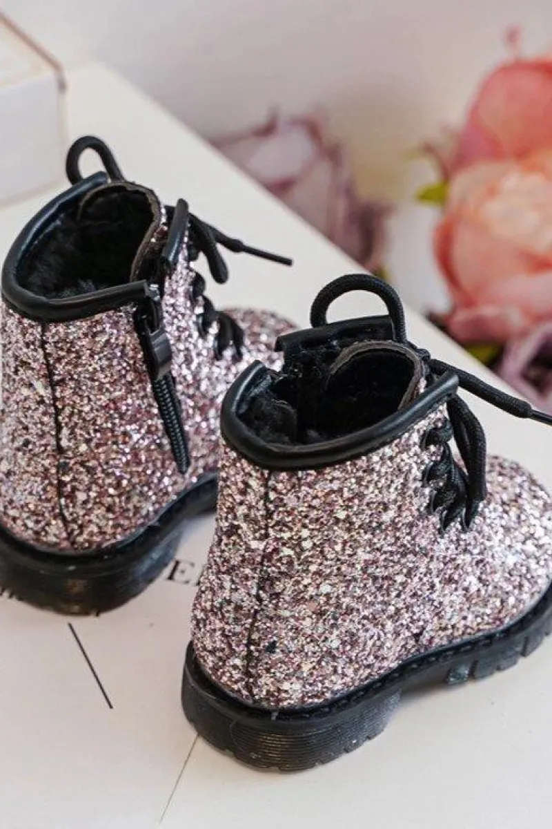 Dziecięce Brokatowe Botki Ocieplane z Suwakiem Różowe Saussa Dzieci Dziewczęce