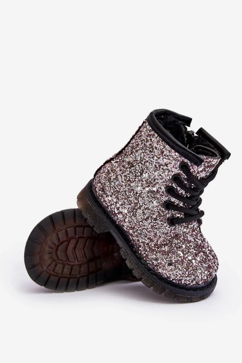 Dziecięce Brokatowe Botki Ocieplane z Suwakiem Różowe Saussa Dzieci Dziewczęce