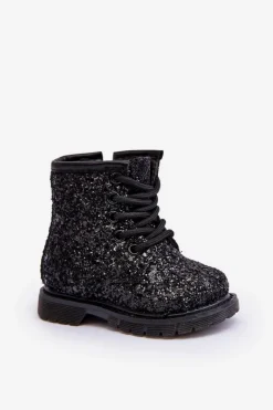 Clearance Boto Dziecięce Brokatowe Botki Ocieplane z Suwakiem Czarne Saussa Czarny