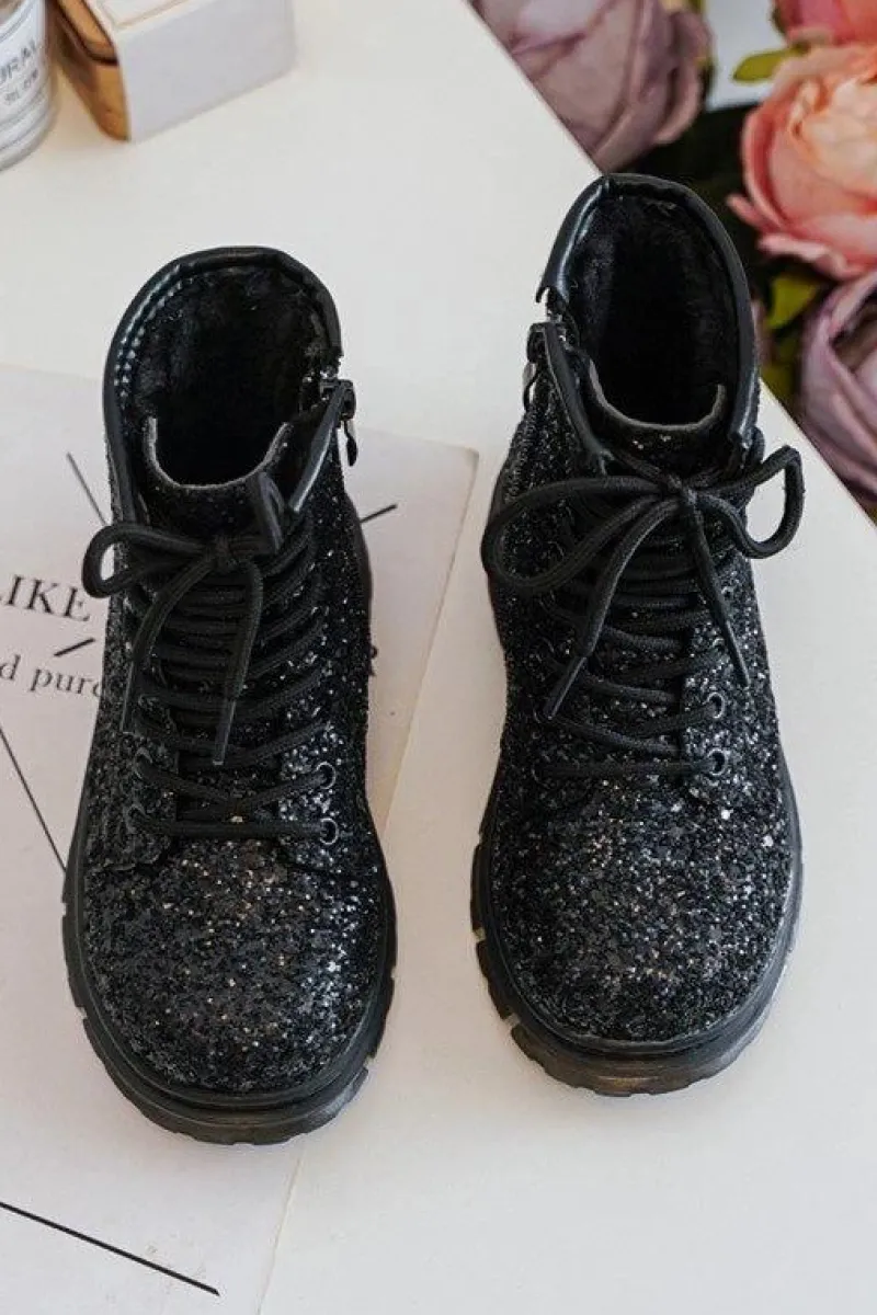 Clearance Boto Dziecięce Brokatowe Botki Ocieplane z Suwakiem Czarne Saussa Czarny