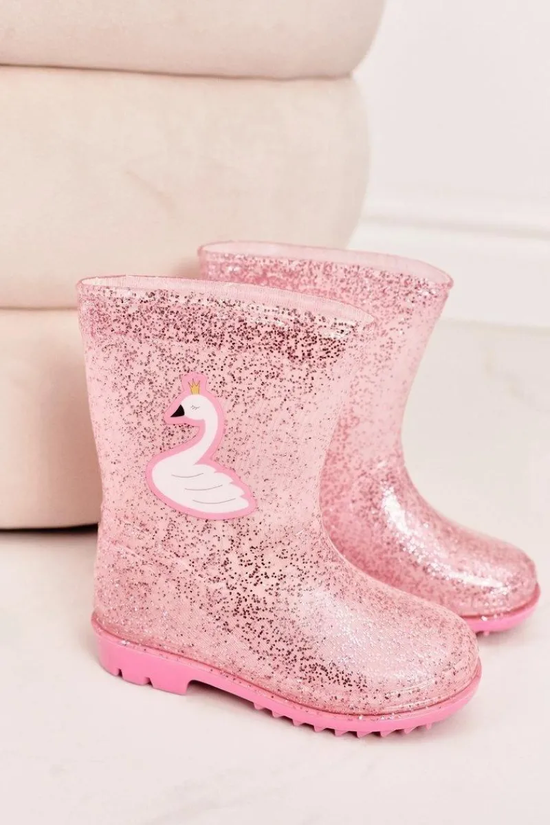 Outlet Boto Dziecięce Brokatowe Kalosze Z Łabędziem Różowe