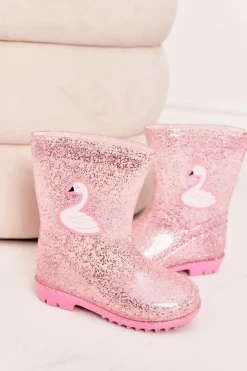 Outlet Boto Dziecięce Brokatowe Kalosze Z Łabędziem Różowe