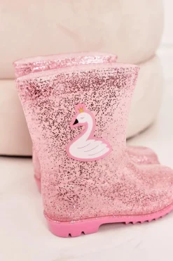 Outlet Boto Dziecięce Brokatowe Kalosze Z Łabędziem Różowe