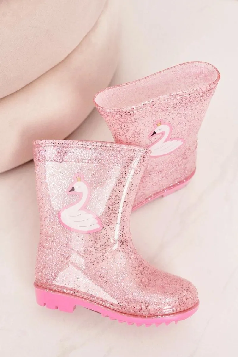 Outlet Boto Dziecięce Brokatowe Kalosze Z Łabędziem Różowe