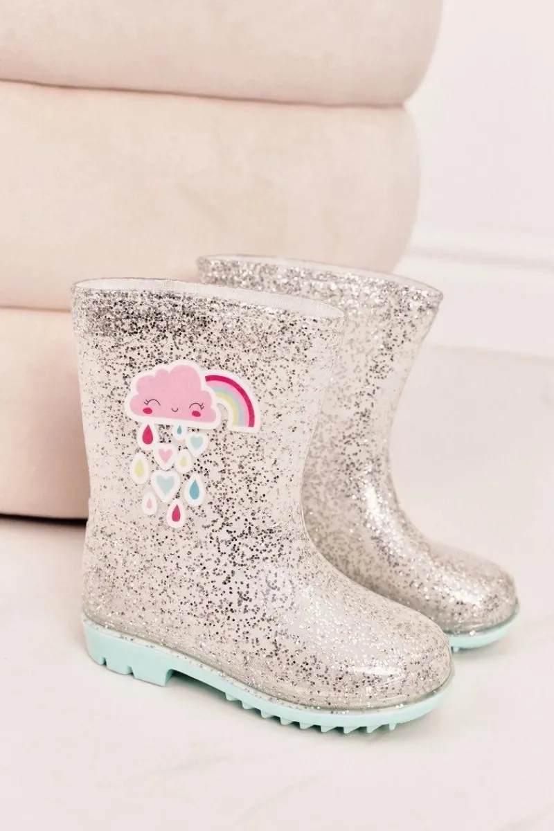 Dziewczęce>Boto Dziecięce Brokatowe Kalosze Z Chmurką Srebrne