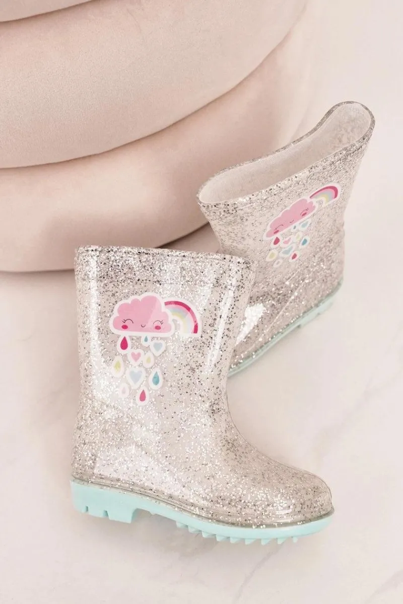 Dziewczęce>Boto Dziecięce Brokatowe Kalosze Z Chmurką Srebrne