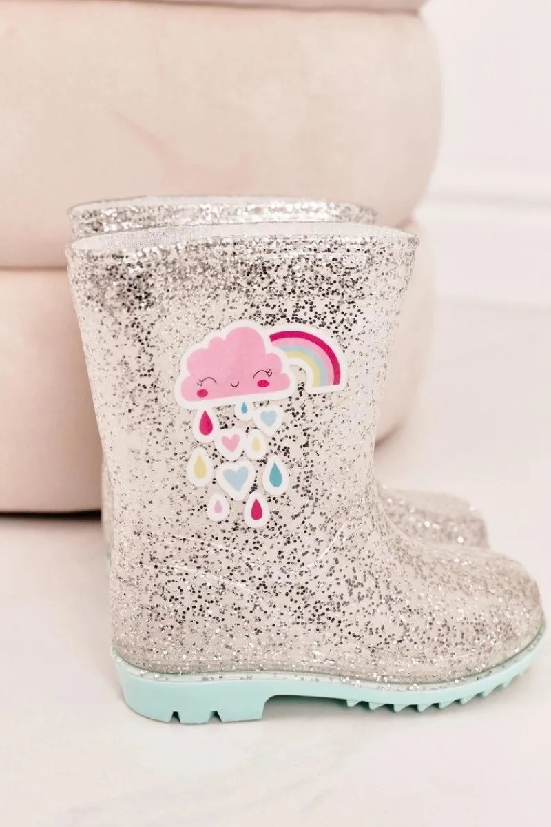 Dziewczęce>Boto Dziecięce Brokatowe Kalosze Z Chmurką Srebrne