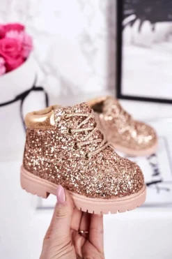 Sale Dziecięce Brokatowe Ocieplane Botki Traperki Różowe Złoto Mermaid Dzieci Dziewczęce
