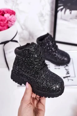 Dziewczęce>Boto Dziecięce Brokatowe Ocieplane Botki Traperki Czarne Mermaid