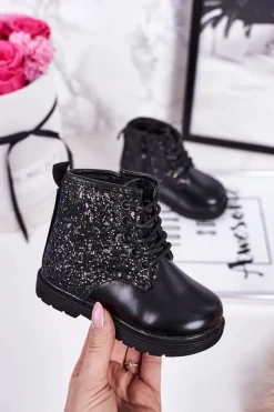 Discount Dziecięce Brokatowe Ocieplane Botki Traperki Czarne Ariel Dzieci Dziewczęce