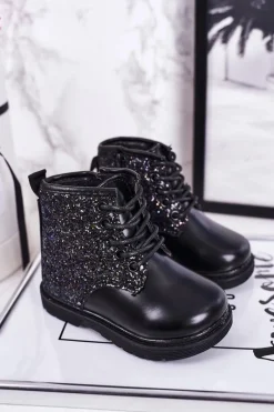 Discount Dziecięce Brokatowe Ocieplane Botki Traperki Czarne Ariel Dzieci Dziewczęce