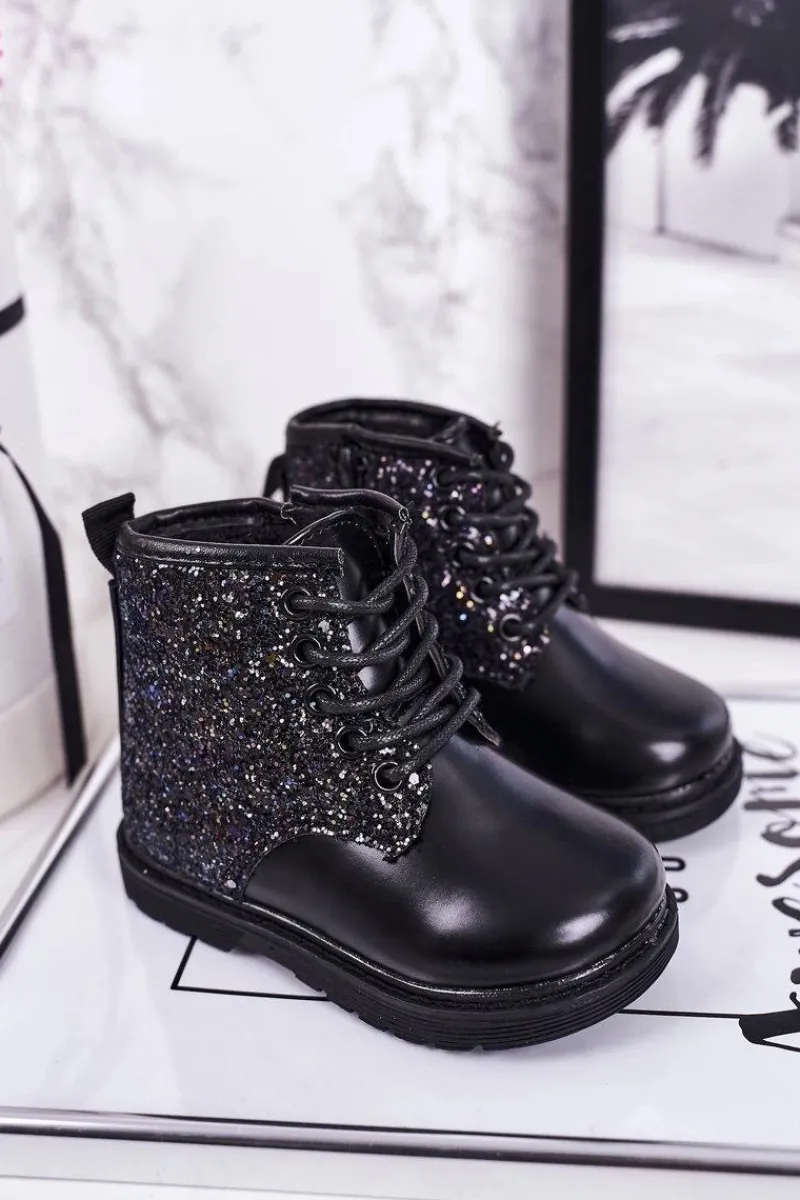 Discount Dziecięce Brokatowe Ocieplane Botki Traperki Czarne Ariel Dzieci Dziewczęce