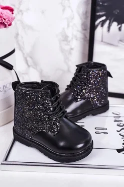 Discount Dziecięce Brokatowe Ocieplane Botki Traperki Czarne Ariel Dzieci Dziewczęce