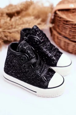Hot Dziecięce Brokatowe Trampki Czarne Ally Dzieci Dziewczęce