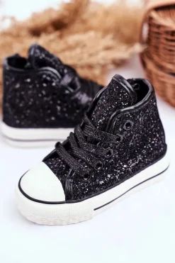 Hot Dziecięce Brokatowe Trampki Czarne Ally Dzieci Dziewczęce