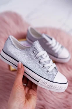 Outlet Boto Dziecięce Brokatowe Trampki Srebrne Misty