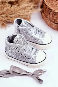 Discount Boto Dziecięce Brokatowe Trampki Srebrne Ally