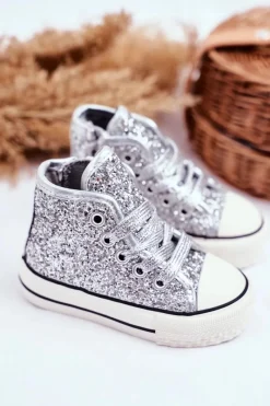 Discount Boto Dziecięce Brokatowe Trampki Srebrne Ally