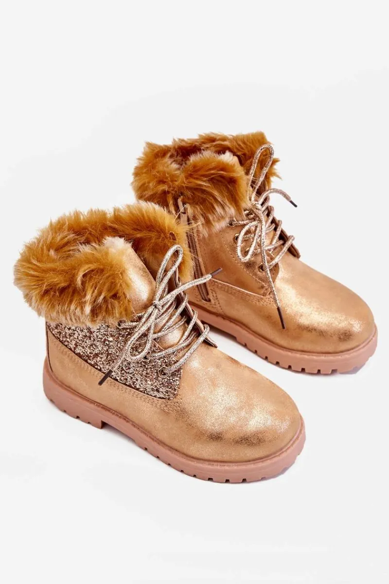 Dziewczęce>Boto Dziecięce Błyszczące Botki Traperki Ocieplane Złote Brema