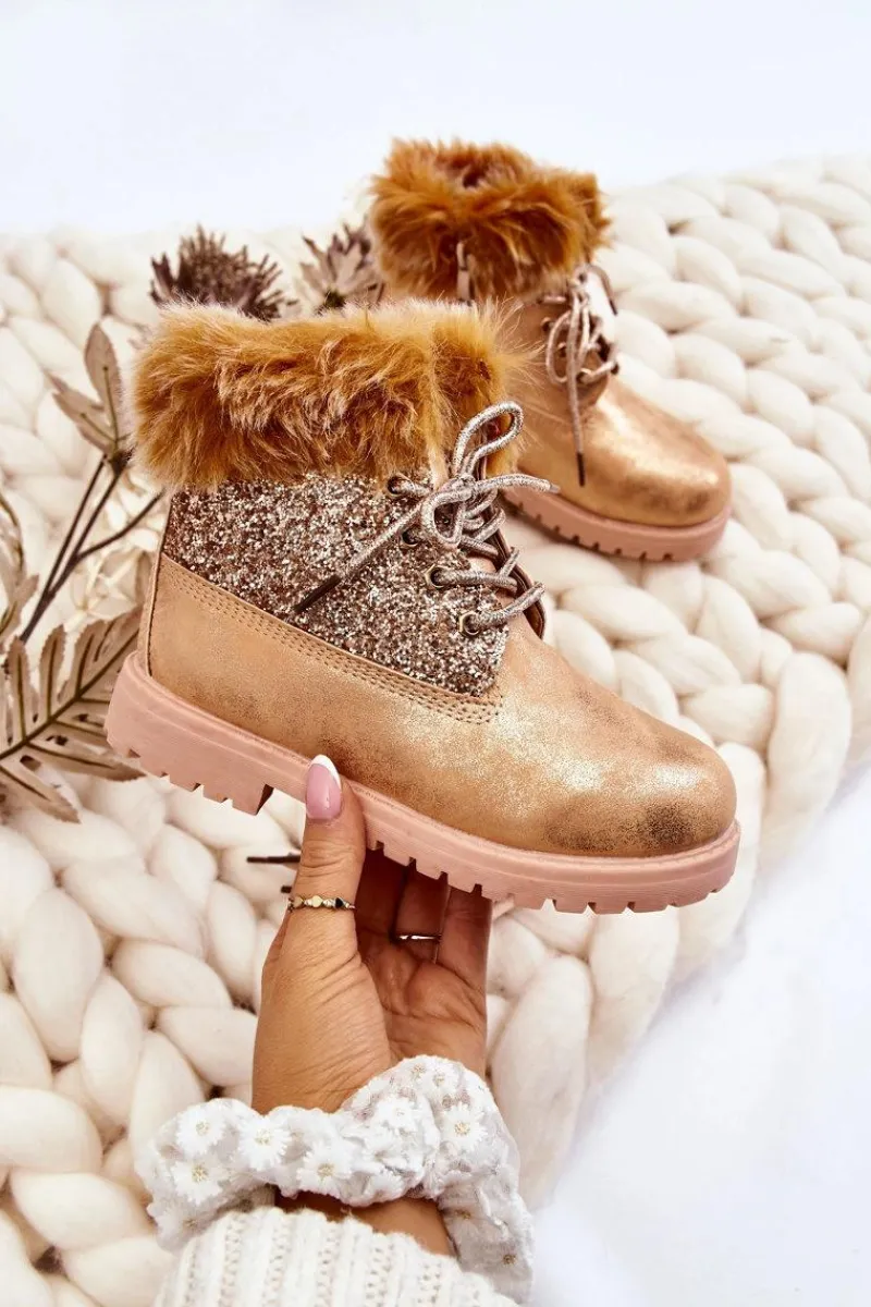 Dziewczęce>Boto Dziecięce Błyszczące Botki Traperki Ocieplane Złote Brema