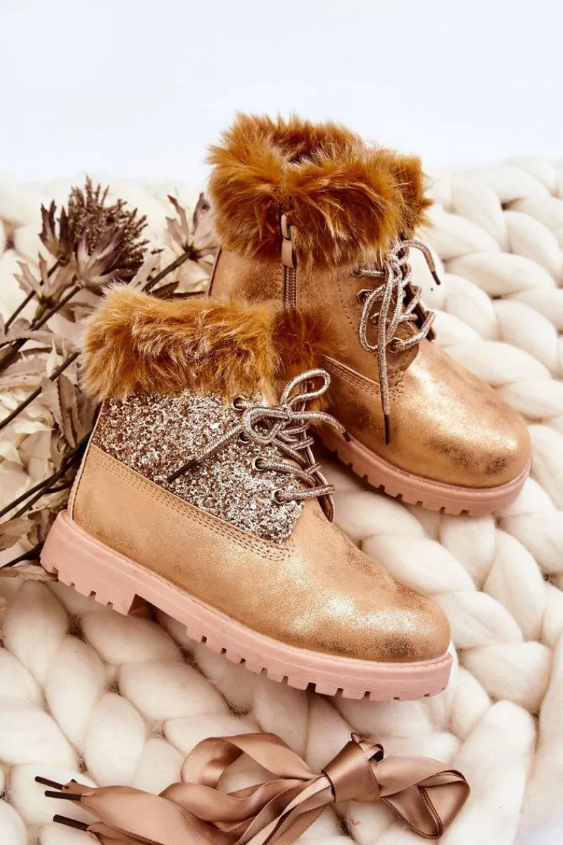 Dziewczęce>Boto Dziecięce Błyszczące Botki Traperki Ocieplane Złote Brema