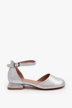 New Dziecięce Błyszczące Sandałki Na Niskim Obcasie Srebrne Nelly Dzieci Dziewczęce