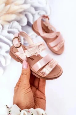 Hot Dziecięce Błyszczące Sandały Wężowy Wzór Różowe Natalie Dzieci Dziewczęce