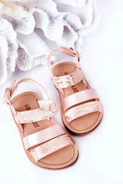 Hot Dziecięce Błyszczące Sandały Wężowy Wzór Różowe Natalie Dzieci Dziewczęce