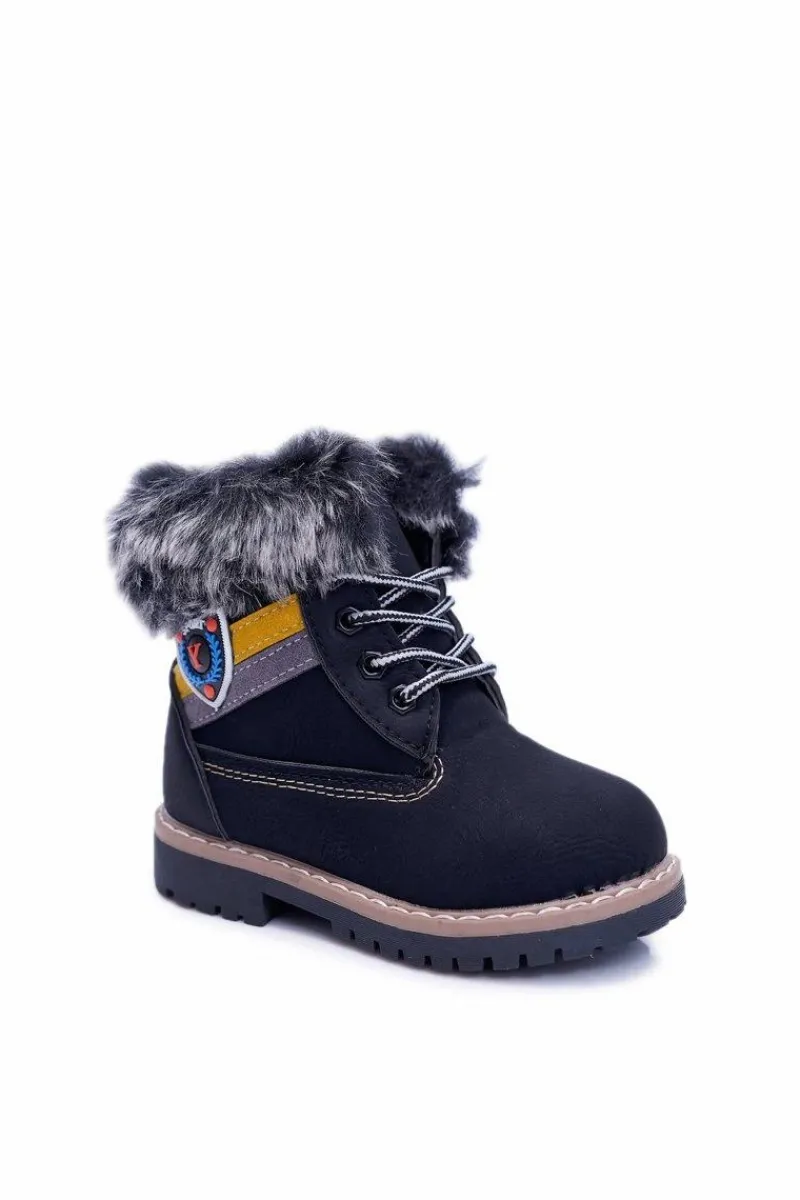 Outlet Dziecięce Chłopięce Botki Ocieplane Futerkiem Trapery Czarne Cobi Dzieci Chłopięce