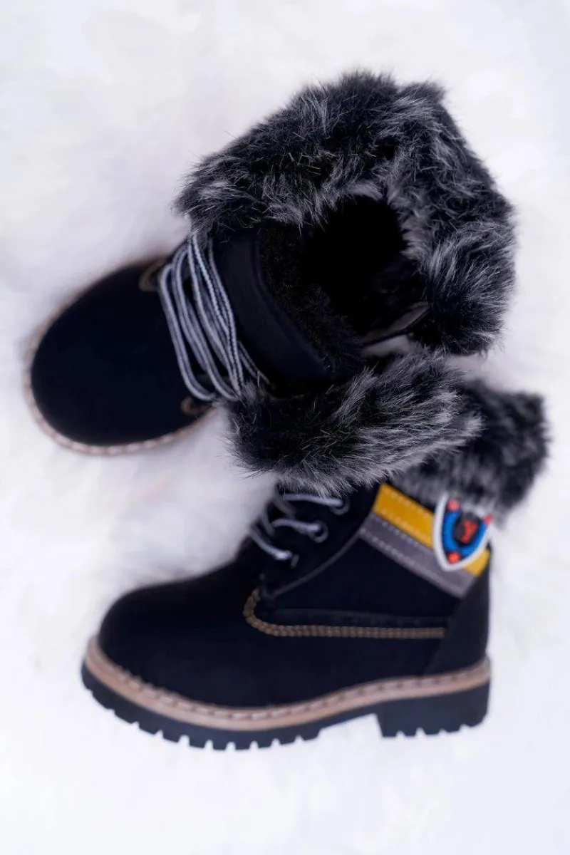 Outlet Dziecięce Chłopięce Botki Ocieplane Futerkiem Trapery Czarne Cobi Dzieci Chłopięce