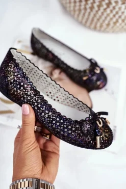 Balerinki Dziecięce></noscript>Damskie buty S.Barski Dziecięce Czarne Ażurowe Balerinki na Rzep Barski Remtro