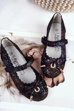 Balerinki Dziecięce></noscript>Damskie buty S.Barski Dziecięce Czarne Ażurowe Balerinki na Rzep Barski Remtro