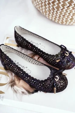 Balerinki Dziecięce></noscript>Damskie buty S.Barski Dziecięce Czarne Ażurowe Balerinki na Rzep Barski Remtro