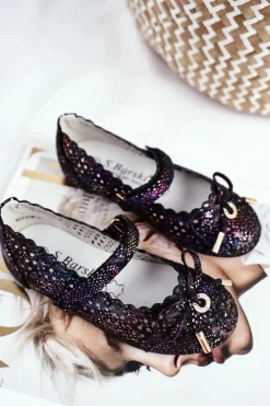 Balerinki Dziecięce></noscript>Damskie buty S.Barski Dziecięce Czarne Ażurowe Balerinki na Rzep Barski Remtro