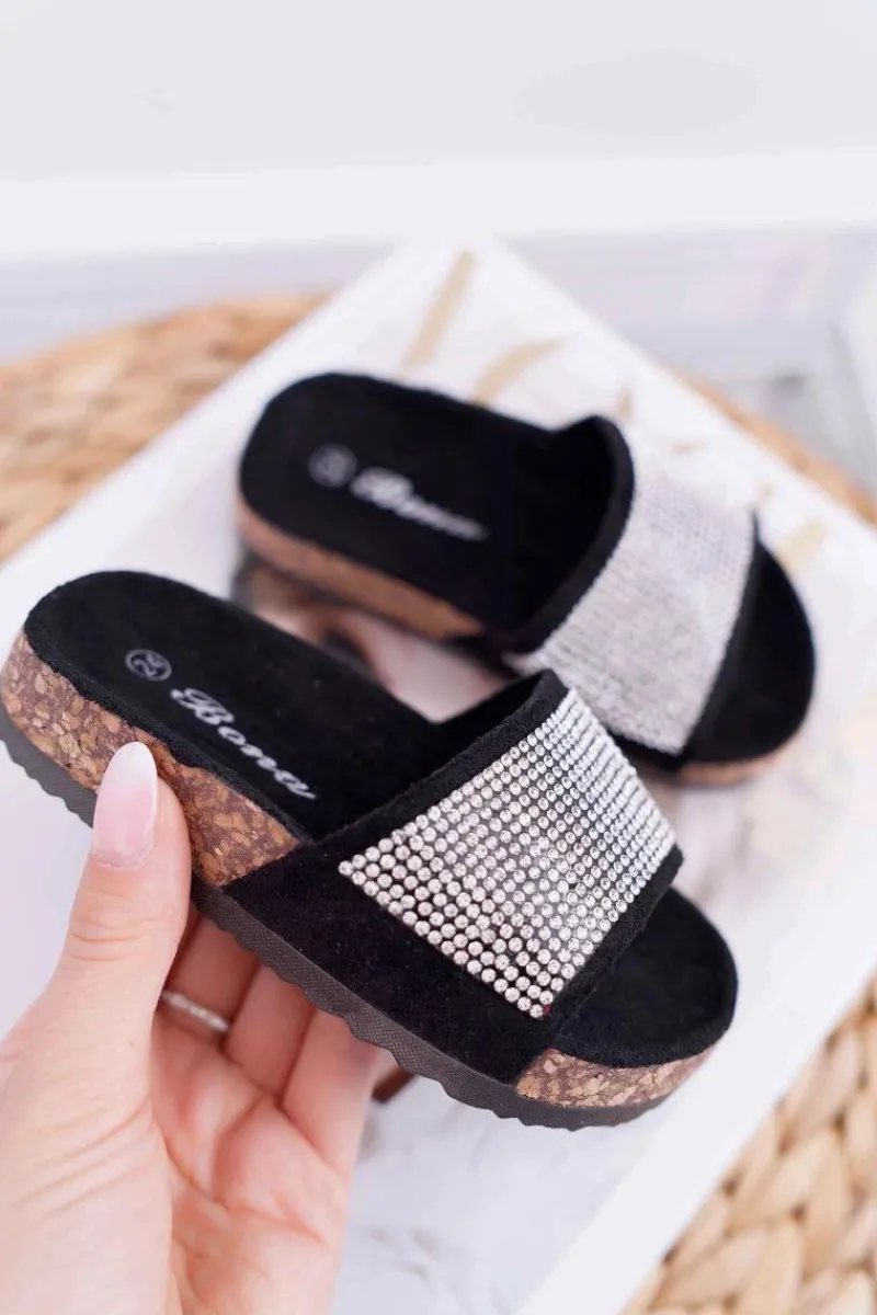 Clearance Dziecięce Czarne Klapki Na Korku Kryształki Malena Dzieci Dziewczęce